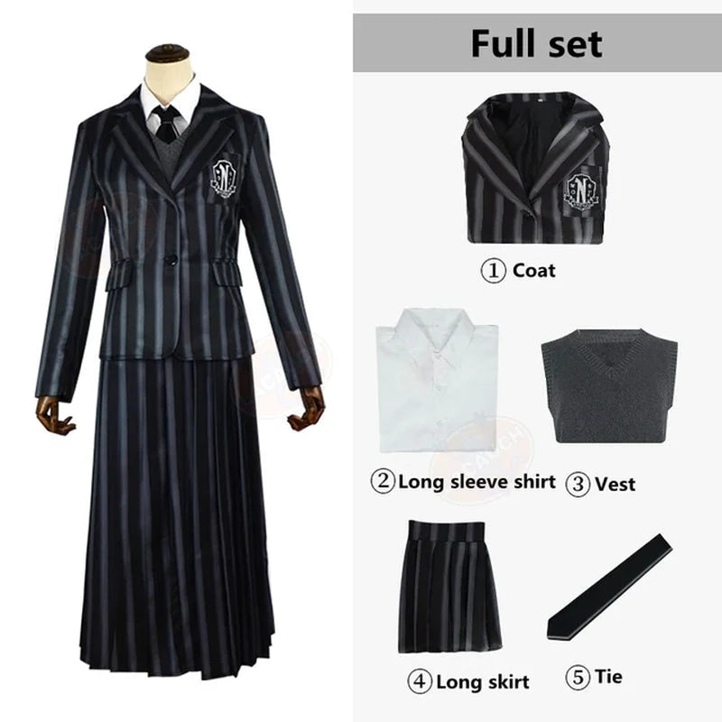 Conjunto de Disfraces Miércoles Addams & Uniformes de la Academia Nevermore – Mujer y Hombre