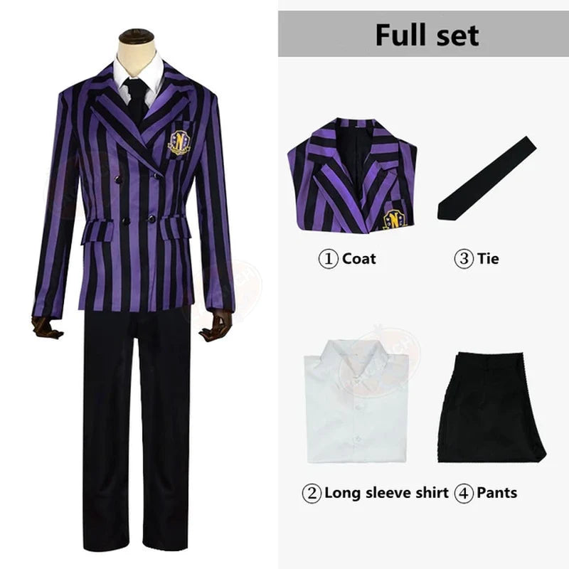 Conjunto de Disfraces Miércoles Addams & Uniformes de la Academia Nevermore – Mujer y Hombre