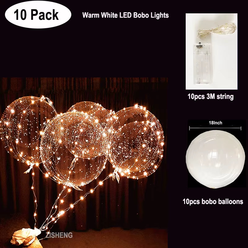 Pack 10 Globos LED Bobo Transparentes con Luces y Helio – Globos Luminosos para Decoración de Fiestas, Bodas y Eventos