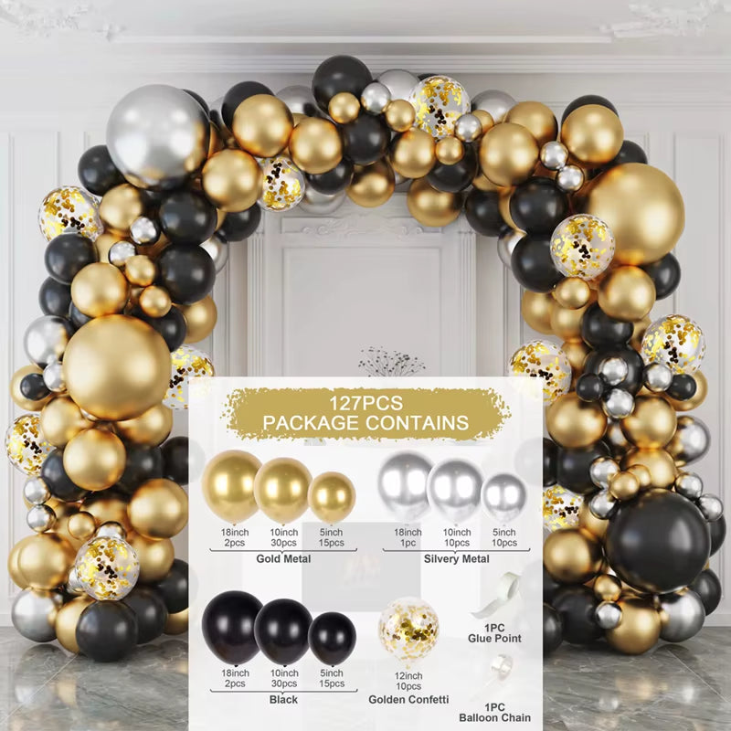 Guirnalda de Globos Negro y Dorado para Fiestas – Arco de Globos Decorativo para Cumpleaños, Bodas, Baby Shower y Despedidas de Soltera