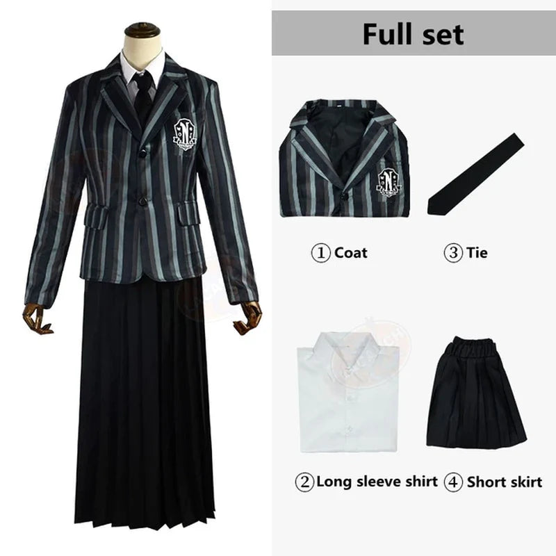Conjunto de Disfraces Miércoles Addams & Uniformes de la Academia Nevermore – Mujer y Hombre