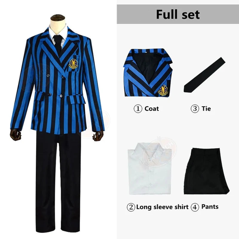 Conjunto de Disfraces Miércoles Addams & Uniformes de la Academia Nevermore – Mujer y Hombre