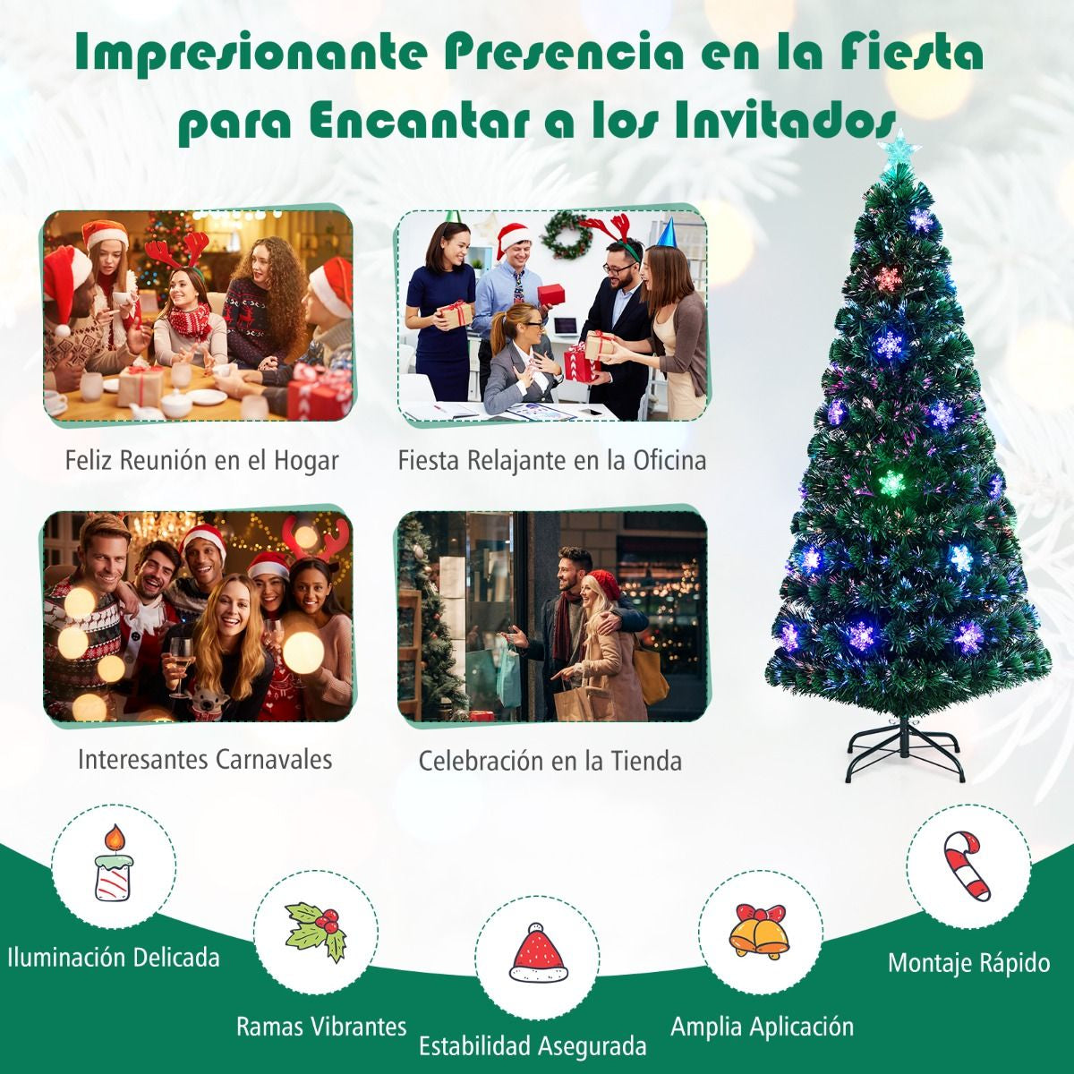 Árbol de Navidad Artificial 180 cm con Luces de Fibra Óptica Multicolor – Árbol 1.8 m Iluminado para Hogar y Fiestas