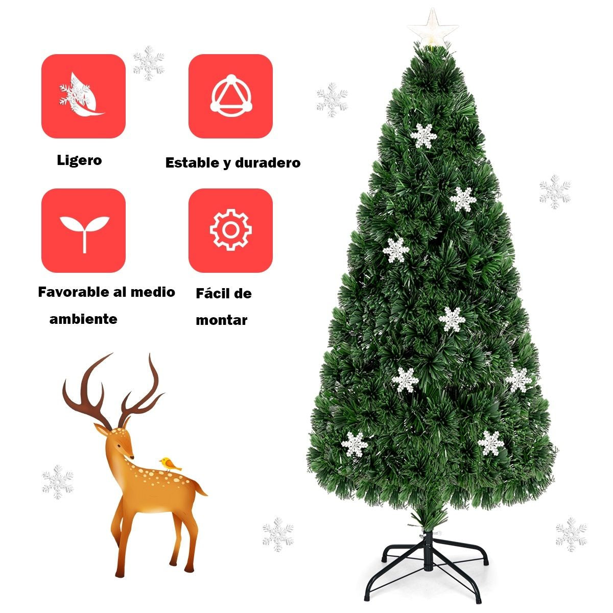 Árbol de Navidad Artificial 180 cm con Luces de Fibra Óptica Multicolor – Árbol 1.8 m Iluminado para Hogar y Fiestas