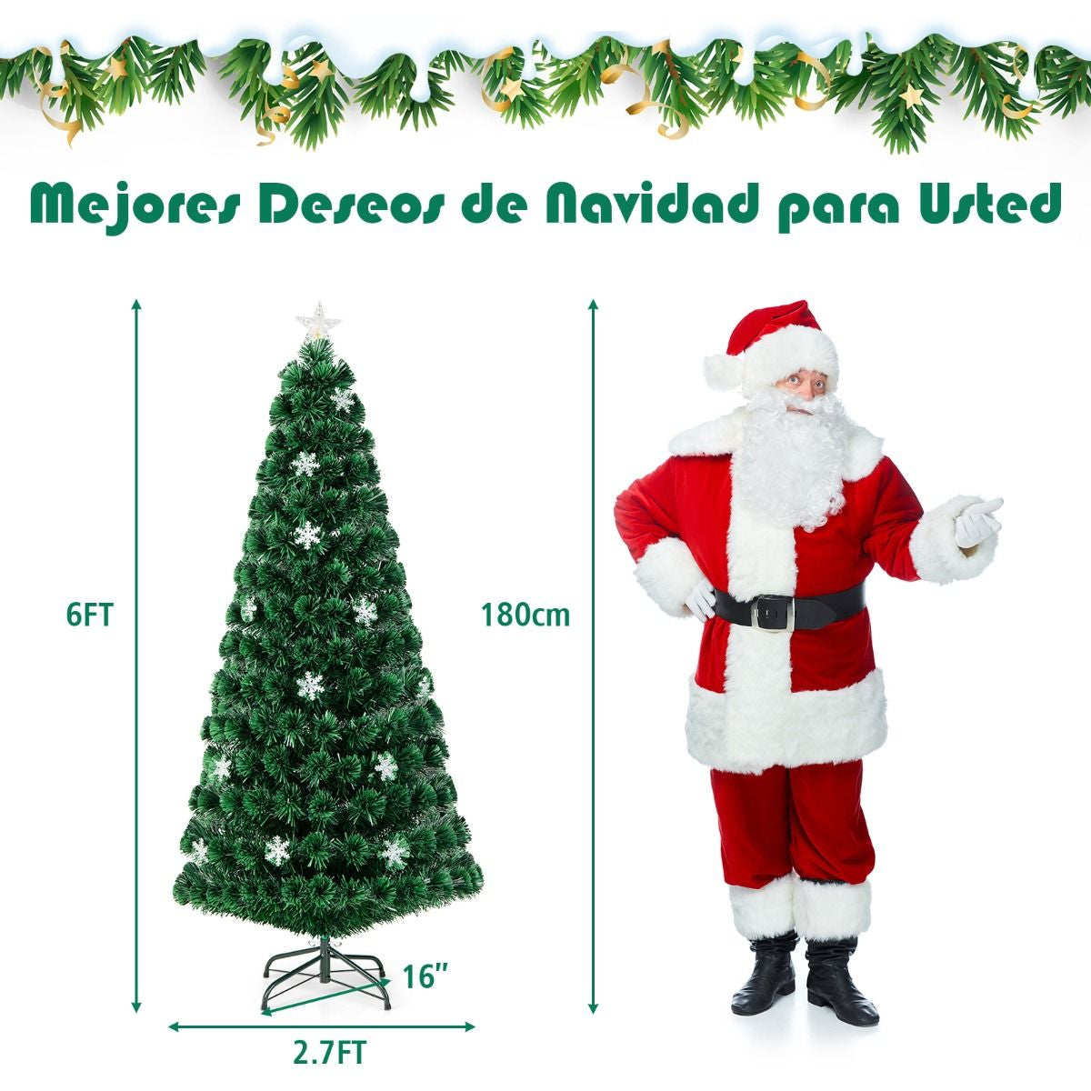Árbol de Navidad Artificial 180 cm con Luces de Fibra Óptica Multicolor – Árbol 1.8 m Iluminado para Hogar y Fiestas