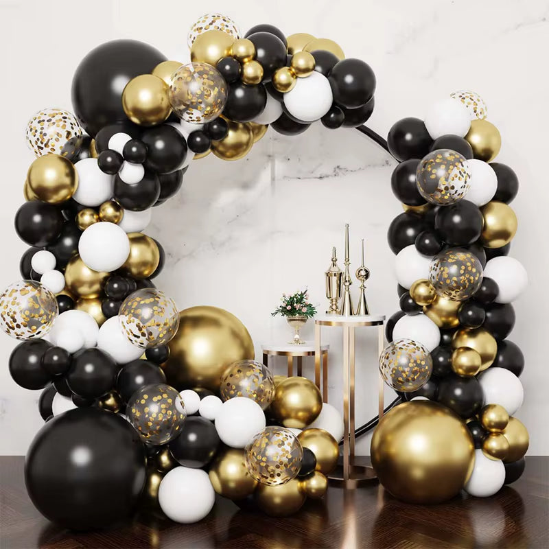 Guirnalda de Globos Negro y Dorado para Fiestas – Arco de Globos Decorativo para Cumpleaños, Bodas, Baby Shower y Despedidas de Soltera