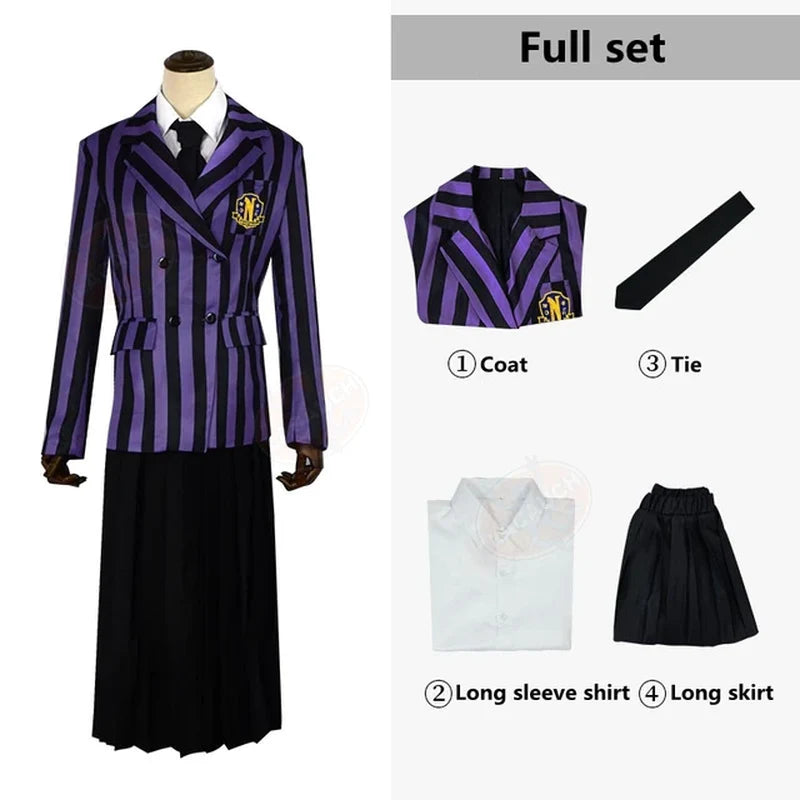 Conjunto de Disfraces Miércoles Addams & Uniformes de la Academia Nevermore – Mujer y Hombre