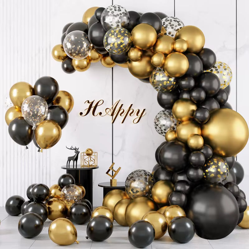 Guirnalda de Globos Negro y Dorado para Fiestas – Arco de Globos Decorativo para Cumpleaños, Bodas, Baby Shower y Despedidas de Soltera