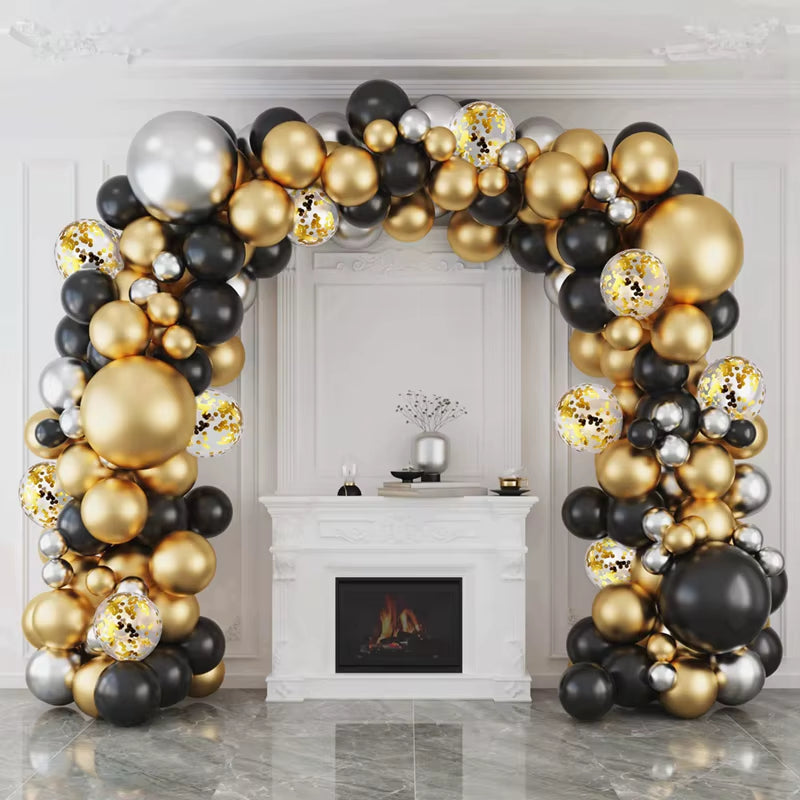 Guirnalda de Globos Negro y Dorado para Fiestas – Arco de Globos Decorativo para Cumpleaños, Bodas, Baby Shower y Despedidas de Soltera