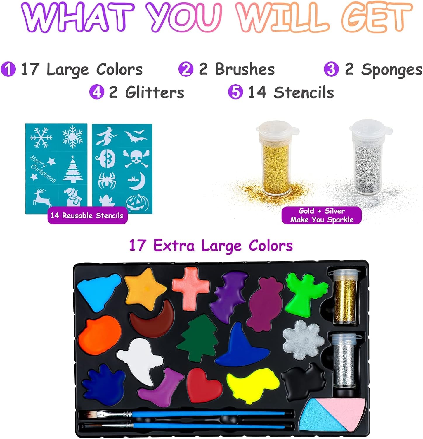 Set de Maquillaje Infantil 17 Colores con Plantillas – Carnaval, Halloween y Navidad