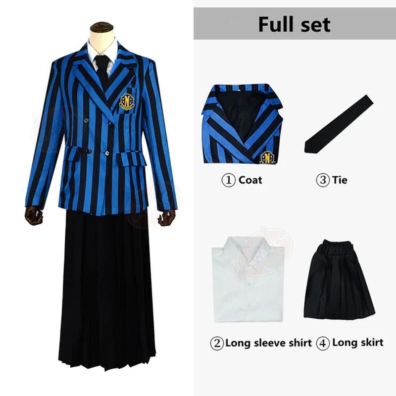 Conjunto de Disfraces Miércoles Addams & Uniformes de la Academia Nevermore – Mujer y Hombre