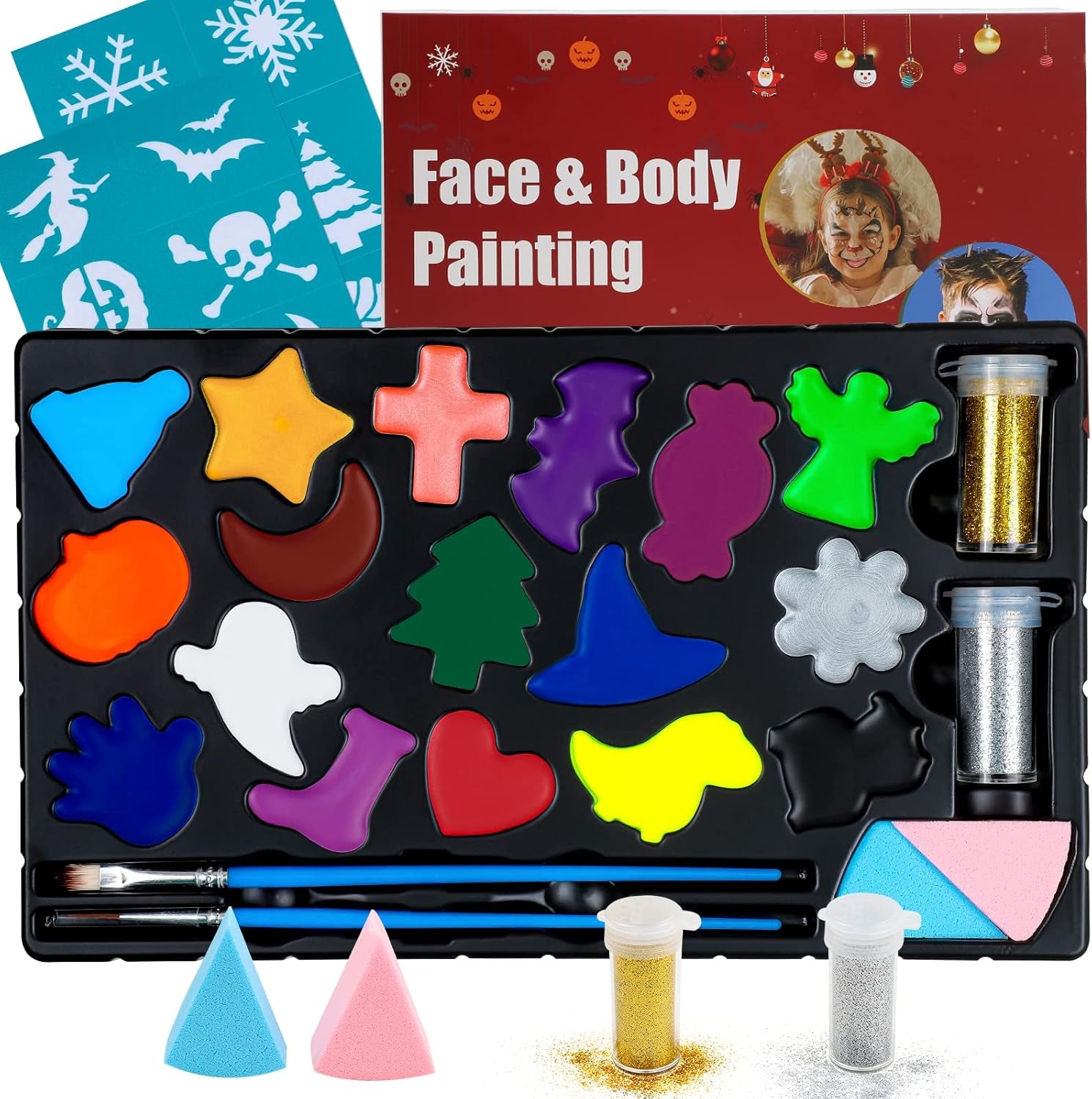 Set de Maquillaje Infantil 17 Colores con Plantillas – Carnaval, Halloween y Navidad